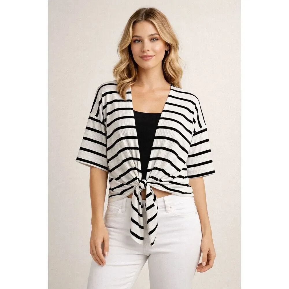Cato Black White Striped Tie Front Cardigan Top Size S NWT